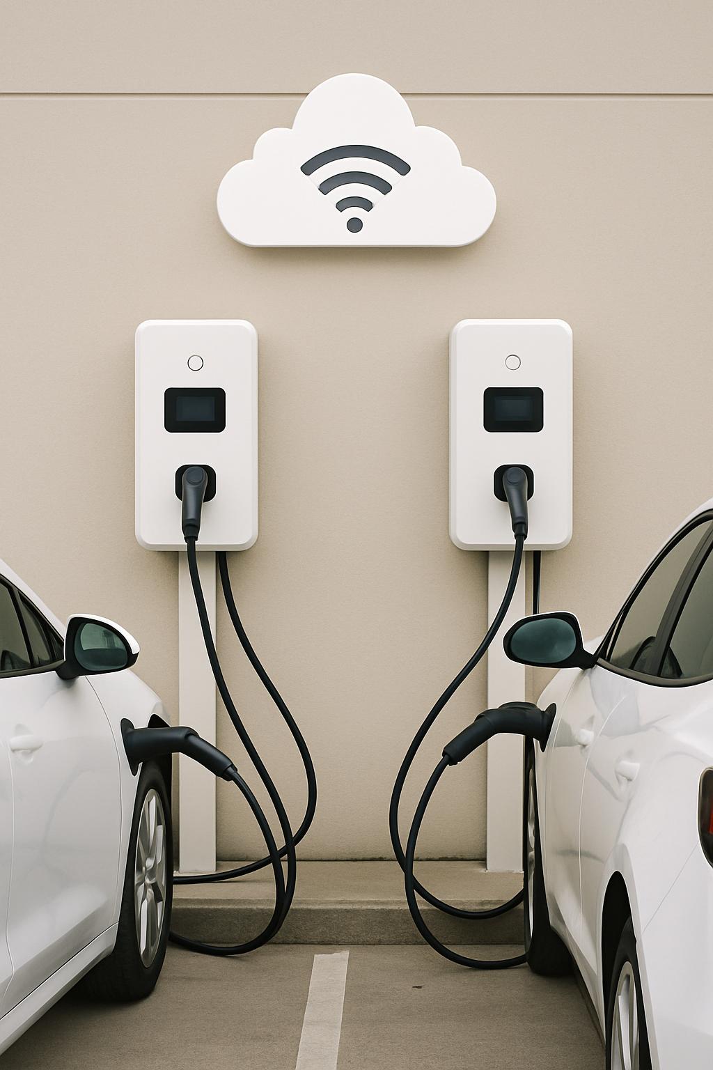 A large white sign in the shape of a cloud above two wall-mounted electrical vehicle charging stations, with a Wi-Fi symbo...