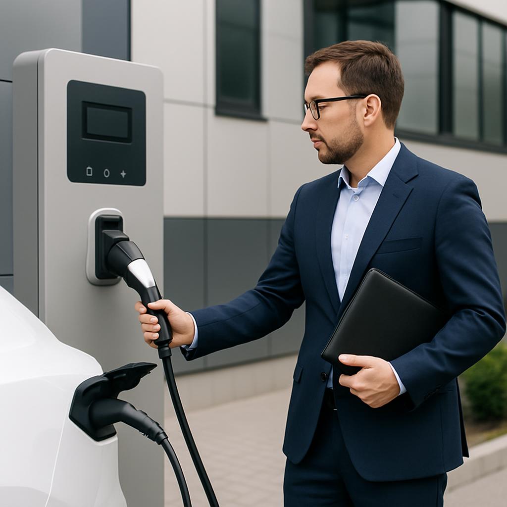 A man in a suit plugging an electric vehicle into a charging station, standing outside a modern building.
