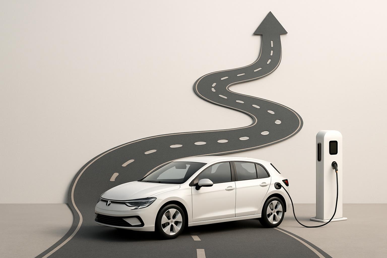 A white compact car is parked on an asphalt road, with a grey asphalt road forming a curved arrow behind it: to the left a...